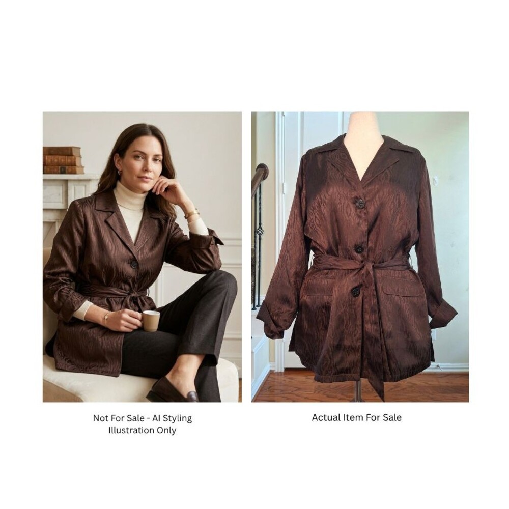 Chico's 100% Silk Belted Safari Jacket XL (3) Brown Zebra Animal Print Mob Wife